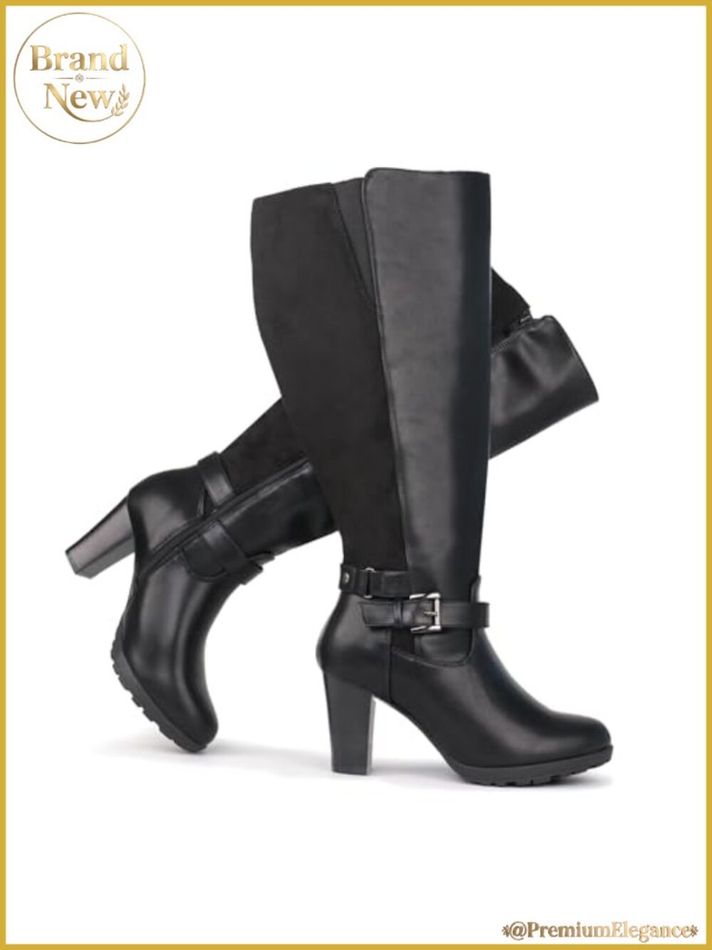 Women's Extra Wide Calf High Heel Dress Boots Ankle Buckle Knee-High